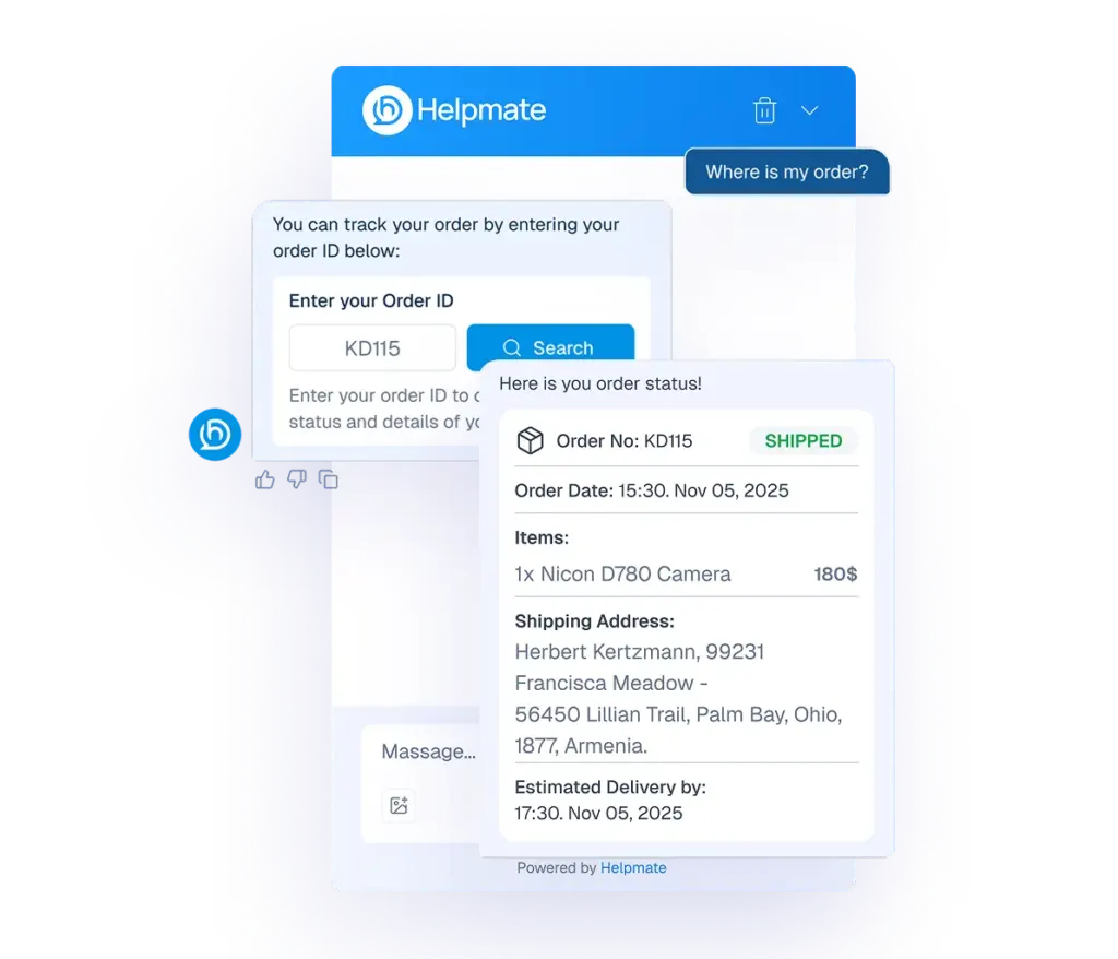 Interface mockup of a chatbot window demonstrating an order tracking feature where a customer enters an order ID to receive real-time shipping status and delivery details.