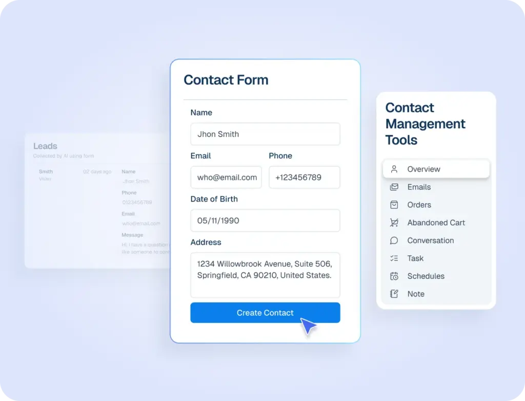Interface mockup of a CRM dashboard demonstrating a contact management feature, showing a user filling out a contact form to create a new customer profile.