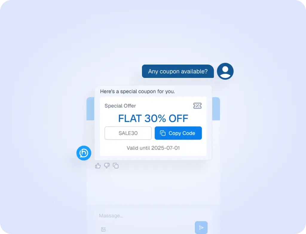 Mockup of a chatbot interface automatically providing a 30% discount coupon code in response to a customer's request.