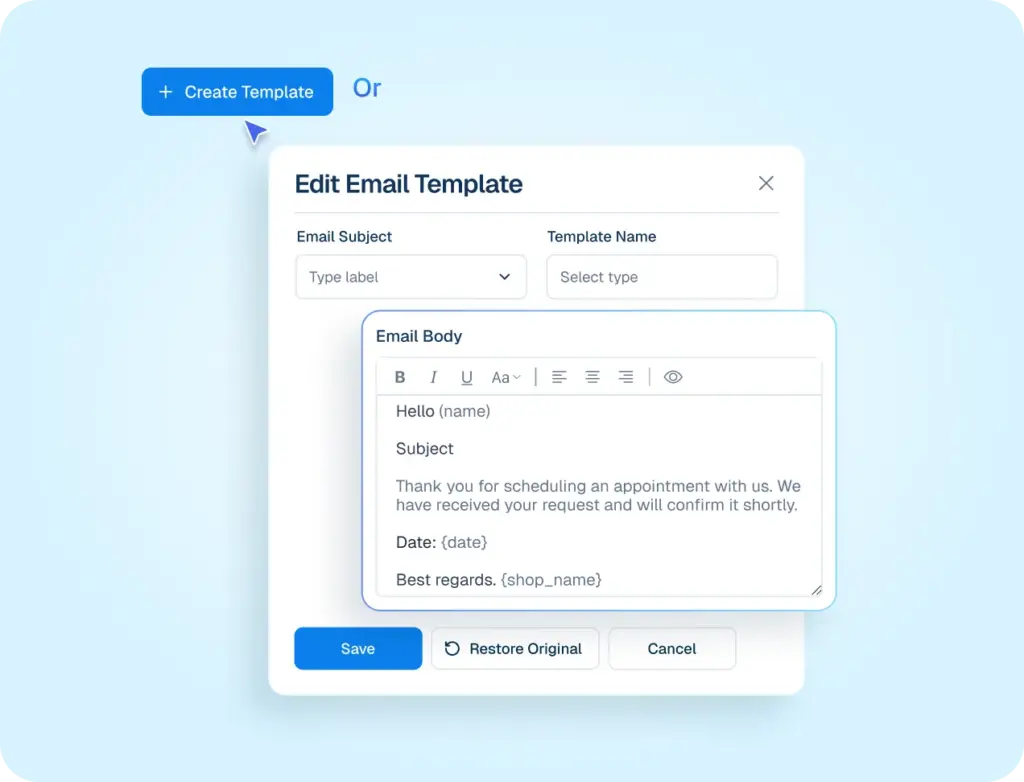 Mockup of an email template editor interface showing fields for subject, template name, and a customizable email body with dynamic variables.