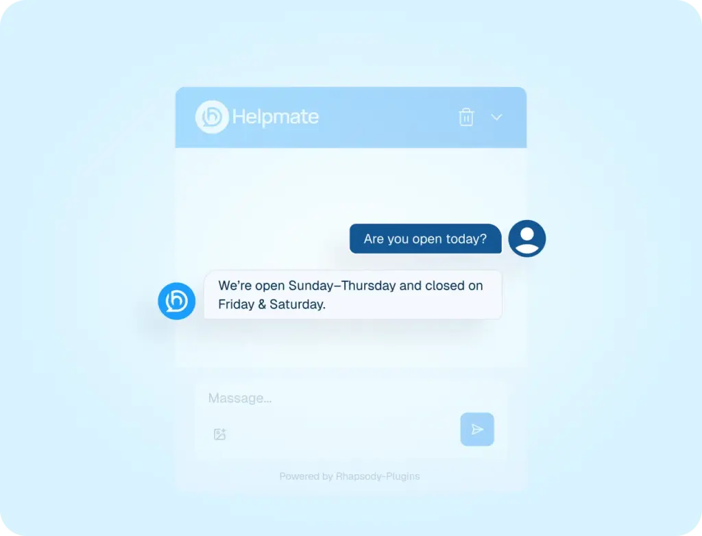 Mockup of a Helpmate chatbot interface automatically answering a customer's question about business hours.
