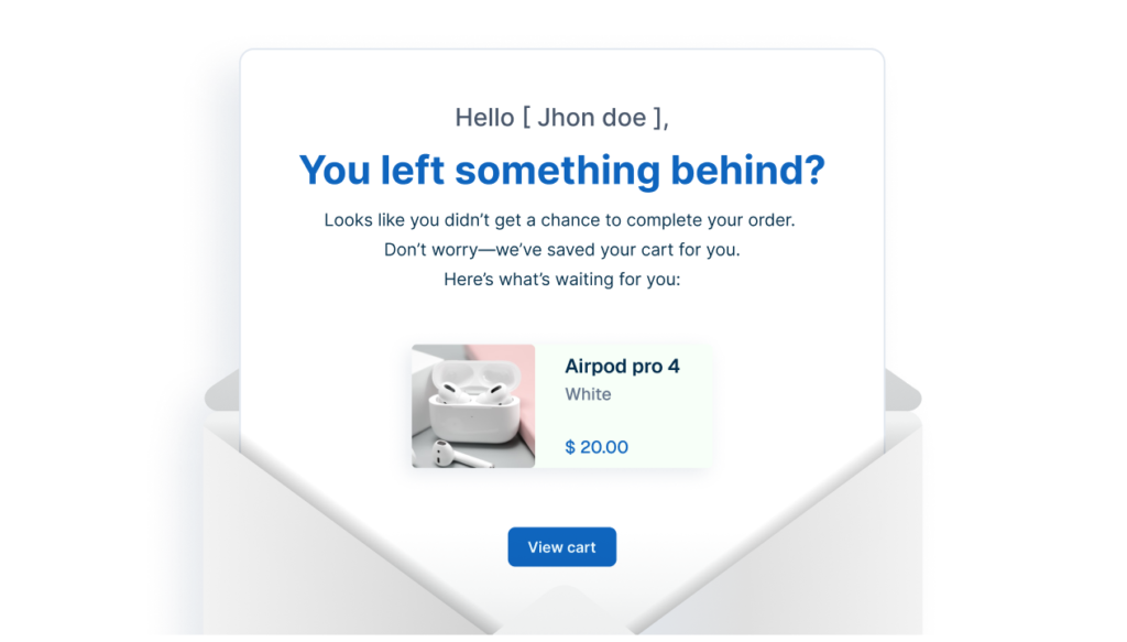 Mockup of an abandoned cart recovery email emerging from an open envelope showing a forgotten product.