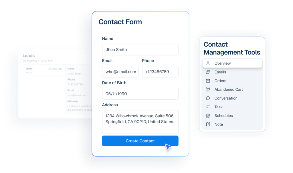 Interface mockup of a CRM dashboard demonstrating a contact management feature, showing a user filling out a contact form to create a new customer profile.
