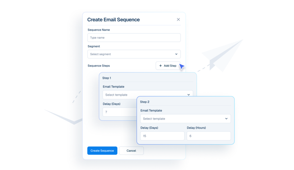 Interface mockup of a "Create Email Sequence" builder showing a cursor clicking an "+ Add Step" button to configure automated follow-up emails with specific day and hour delays.