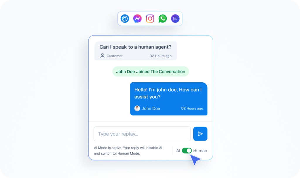 Live Chat AI to Human Handoff Mockup Mockup of a live chat interface showing a user asking to speak to a human and an agent joining the conversation to take over from the AI.