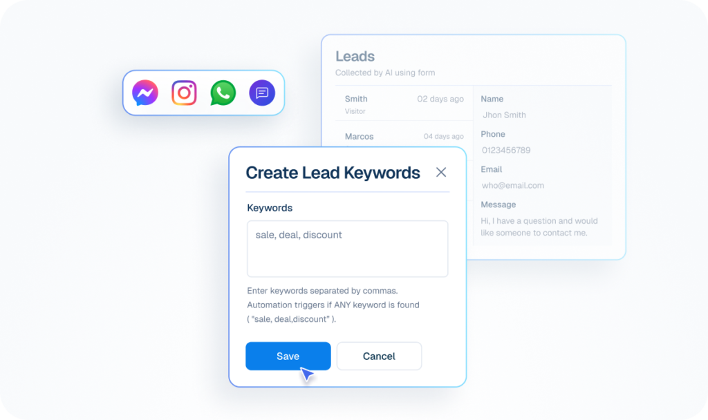 Helpmate AI Automated Lead Capture Interface Interface mockup of a "Create Lead Keywords" form showing a cursor clicking a "Save" button to set up automated lead capture using words like "sale, deal, discount" from various chat apps.