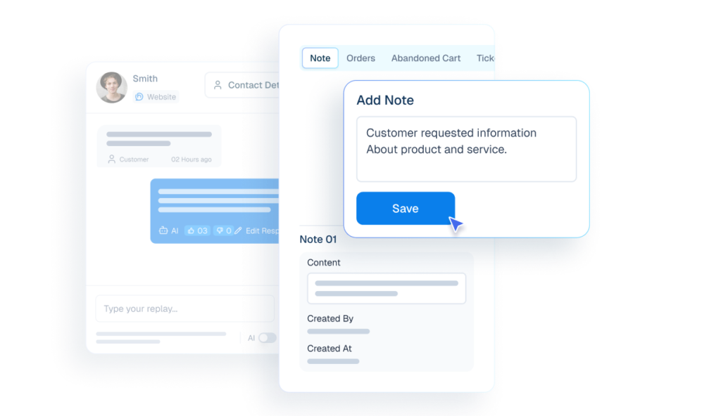 Interface mockup of a CRM system demonstrating an internal note-taking feature, showing a user saving a note over a customer chat window.