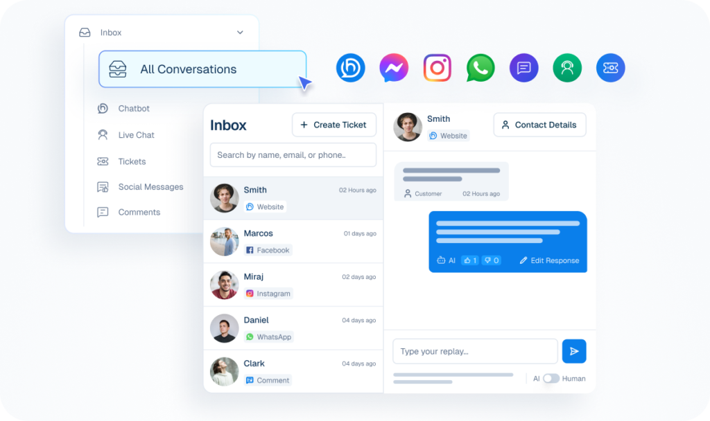 Omnichannel Inbox Dashboard Mockup Mockup of an omnichannel inbox dashboard showing a centralized list of conversations from various platforms like website, Facebook, Instagram, and WhatsApp, alongside an active chat window.
