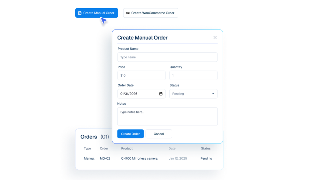 Interface mockup of a CRM dashboard demonstrating an order management feature, showing a user opening a form to create a manual order.