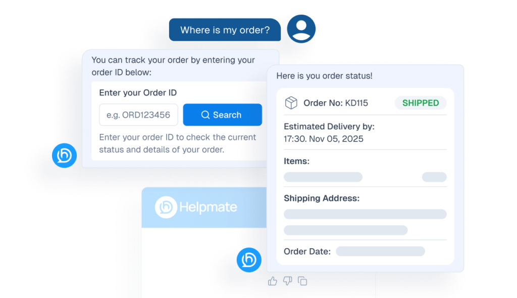 Interface mockup of a chatbot handling a refund request, showing a user prompt "I want refund" and the bot displaying a return process form and a success notification.
