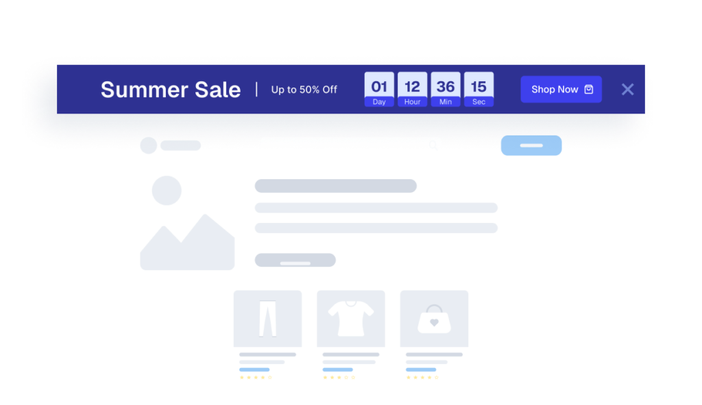 Mockup of a website interface featuring a dark blue Promobar banner advertising a Summer Sale with a countdown timer.