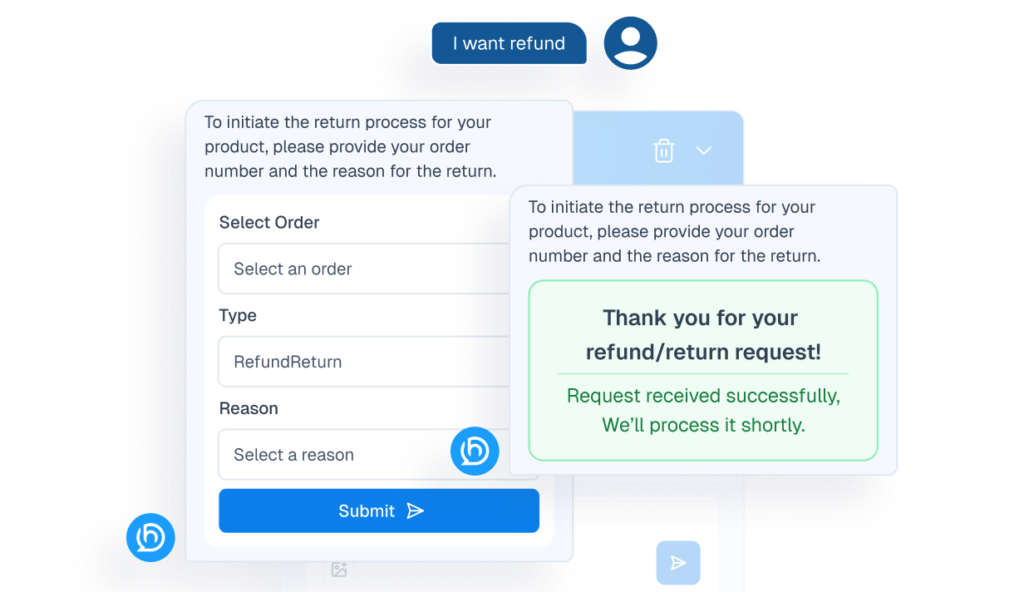 An AI chatbot interface for automating refunds and returns, showing a user-initiated request for a "Broken Lens" with an automated confirmation message.