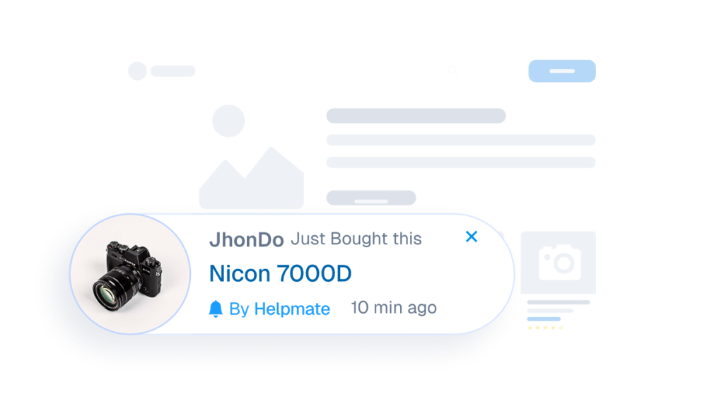 Interface mockup of a live sales notification showing a recent purchase of a Nicon 7000D camera by a user named JhonDo.