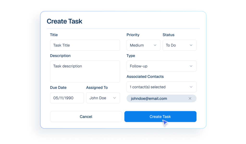 Interface mockup of a CRM dashboard demonstrating a task management feature, showing a user filling out a form to create and assign a new task.