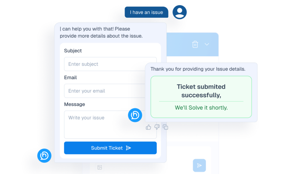 Interface mockup demonstrating a support ticketing feature within a chat window, showing a form to submit an issue and a success confirmation message.