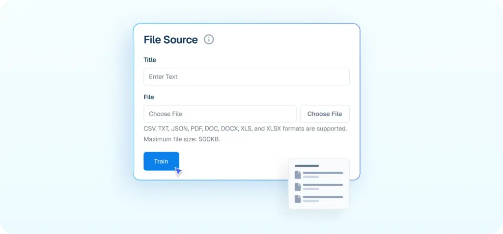 Interface mockup of a "File Source" upload form showing a cursor clicking a "Train" button to turn documents like PDFs and DOCs into searchable AI knowledge.