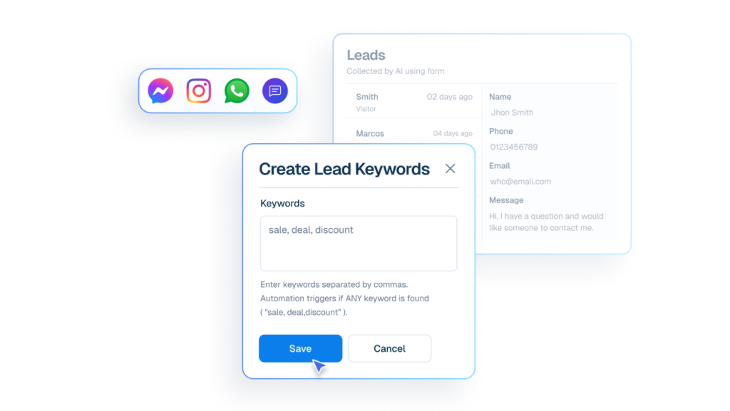 Interface mockup of a "Create Lead Keywords" form showing a cursor clicking a "Save" button to set up automated lead capture using words like "sale, deal, discount" from various chat apps.