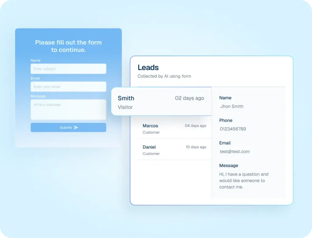 Mockup of an AI lead capture system showing a contact form and a dashboard displaying collected customer details.