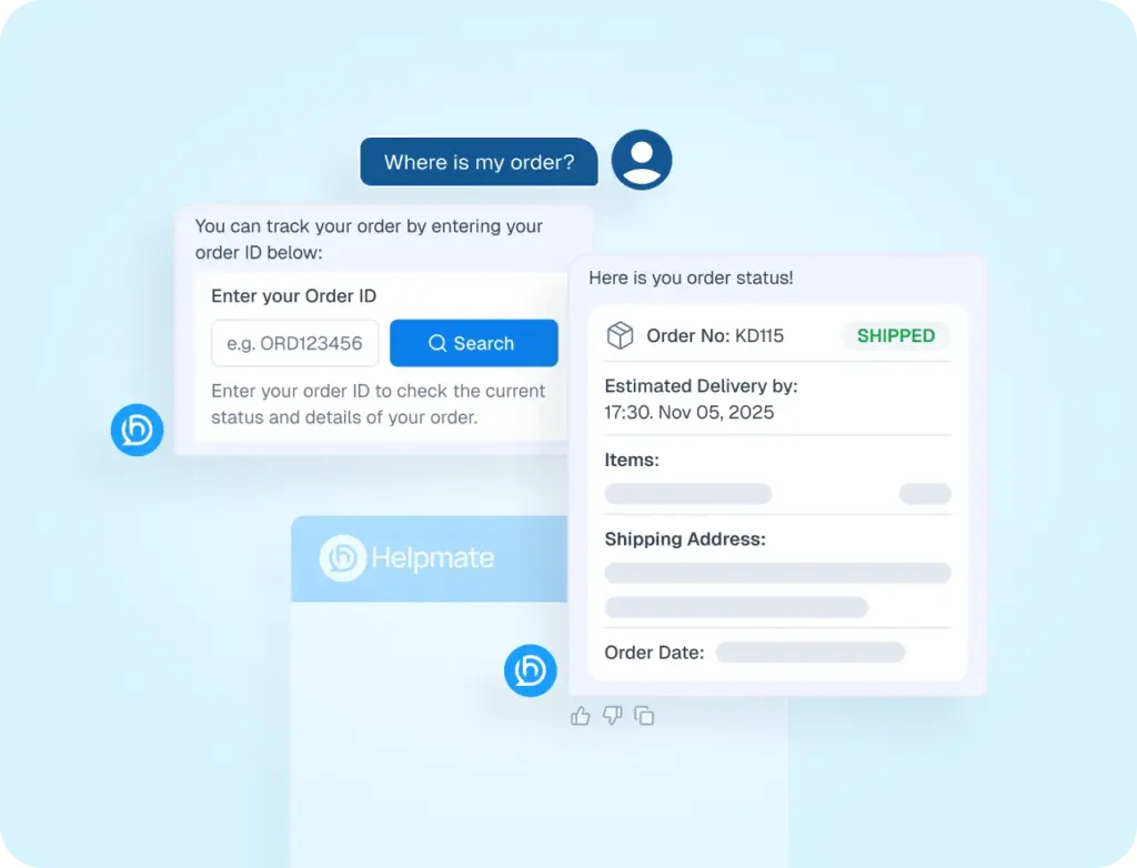 Interface mockup of a chatbot handling a refund request, showing a user prompt "I want refund" and the bot displaying a return process form and a success notification.