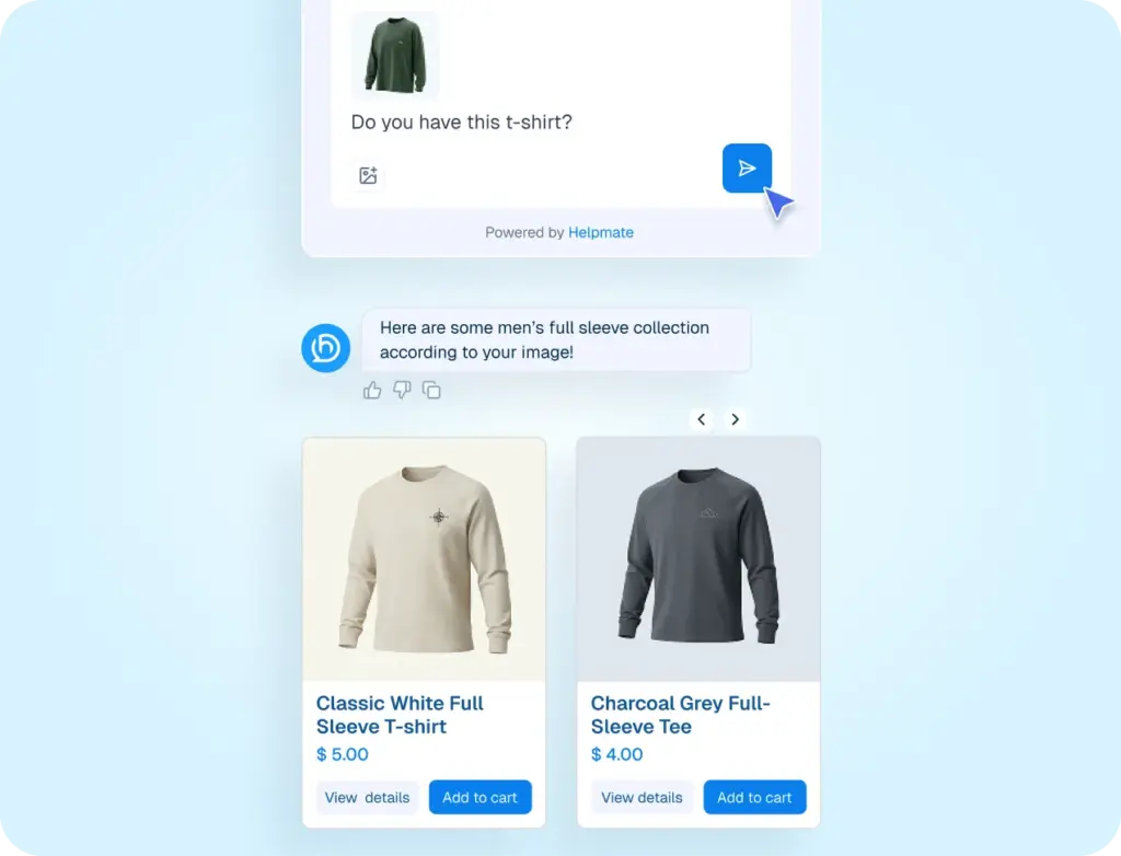 Mockup of a chatbot interface demonstrating a "Product Search By Image" feature where a user uploads a photo of a shirt to receive similar product recommendations.