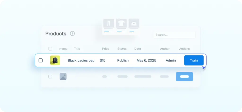 Interface mockup showing a products data table where a cursor is clicking a blue "Train" button to integrate details of a "Black Ladies bag" into the AI.