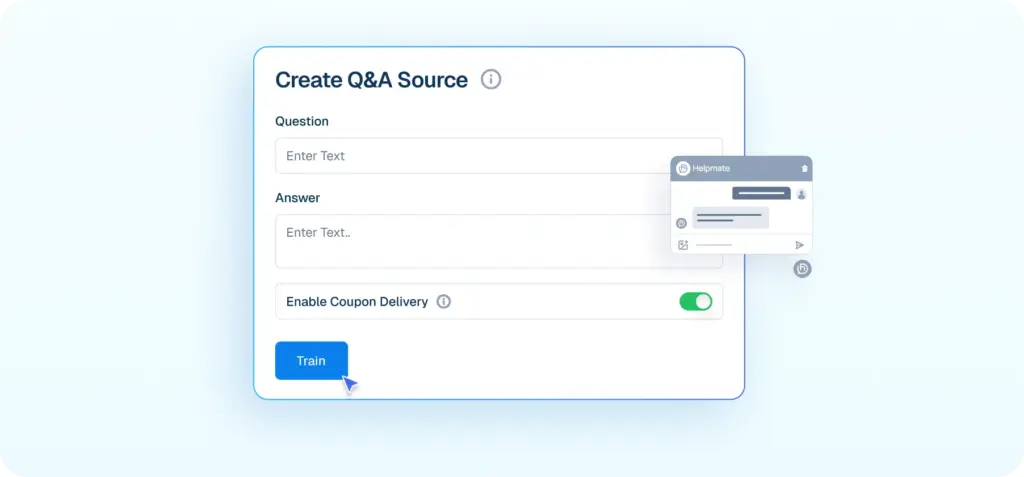 Interface mockup of a "Create Q&A Source" form showing inputs for a question and answer, plus a toggle for coupon delivery, with a cursor clicking a "Train" button.