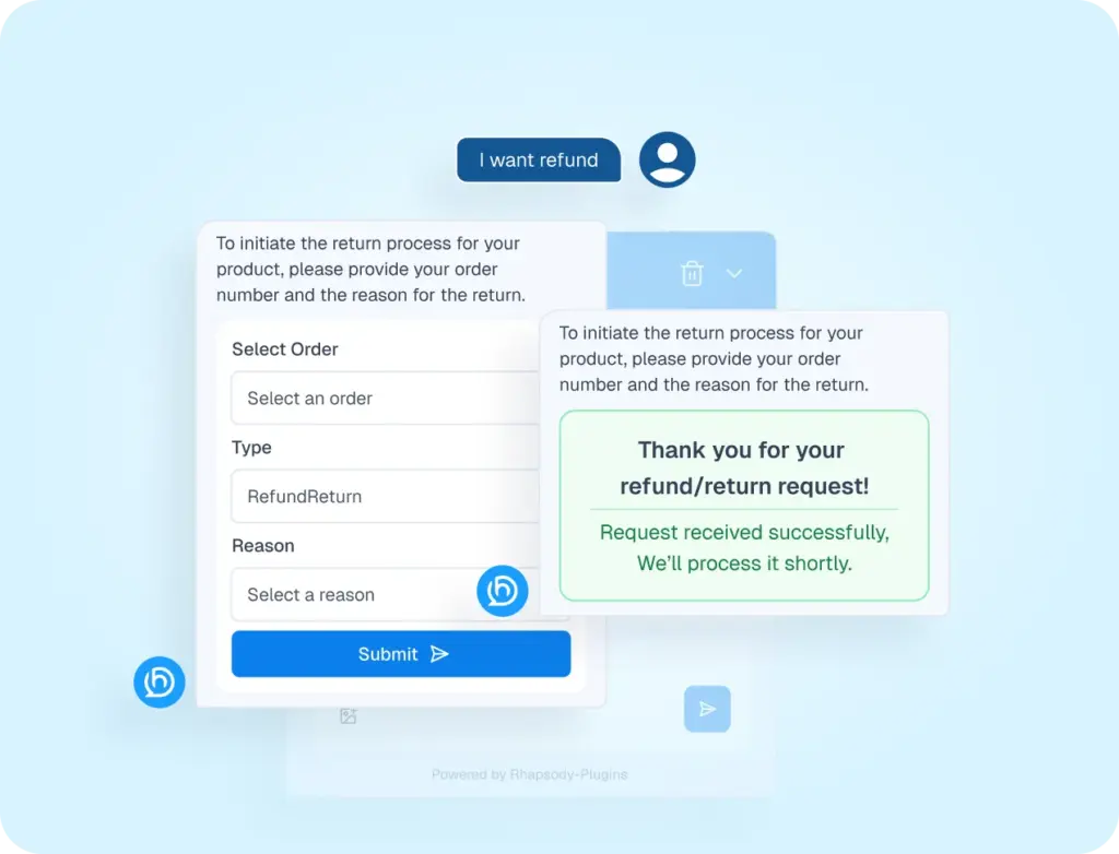 An AI chatbot interface for automating refunds and returns, showing a user-initiated request for a "Broken Lens" with an automated confirmation message.