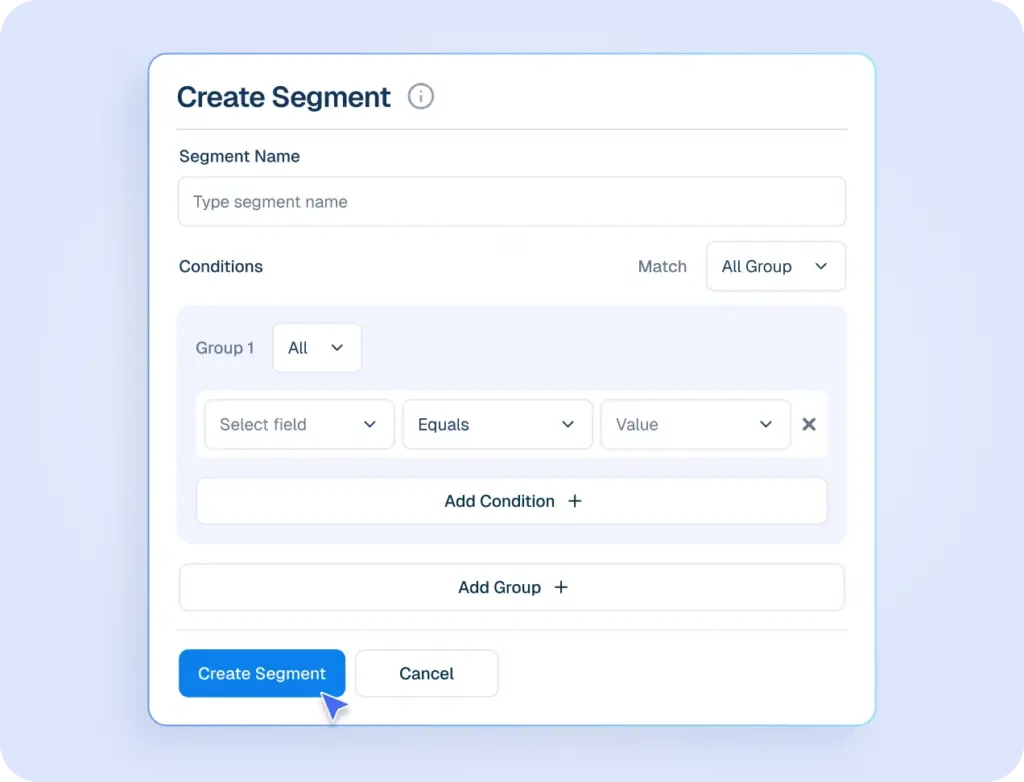 Interface mockup of a CRM dashboard demonstrating a customer segmentation feature, showing a user filling out a form to create a new group segment.