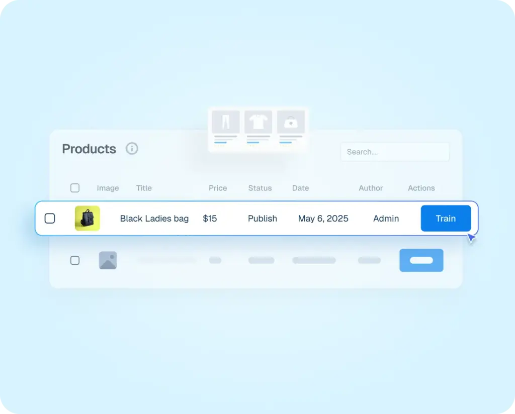 Product dashboard interface showing a list of store items with a blue "Train" button to sync specific product details with the Helpmate AI.