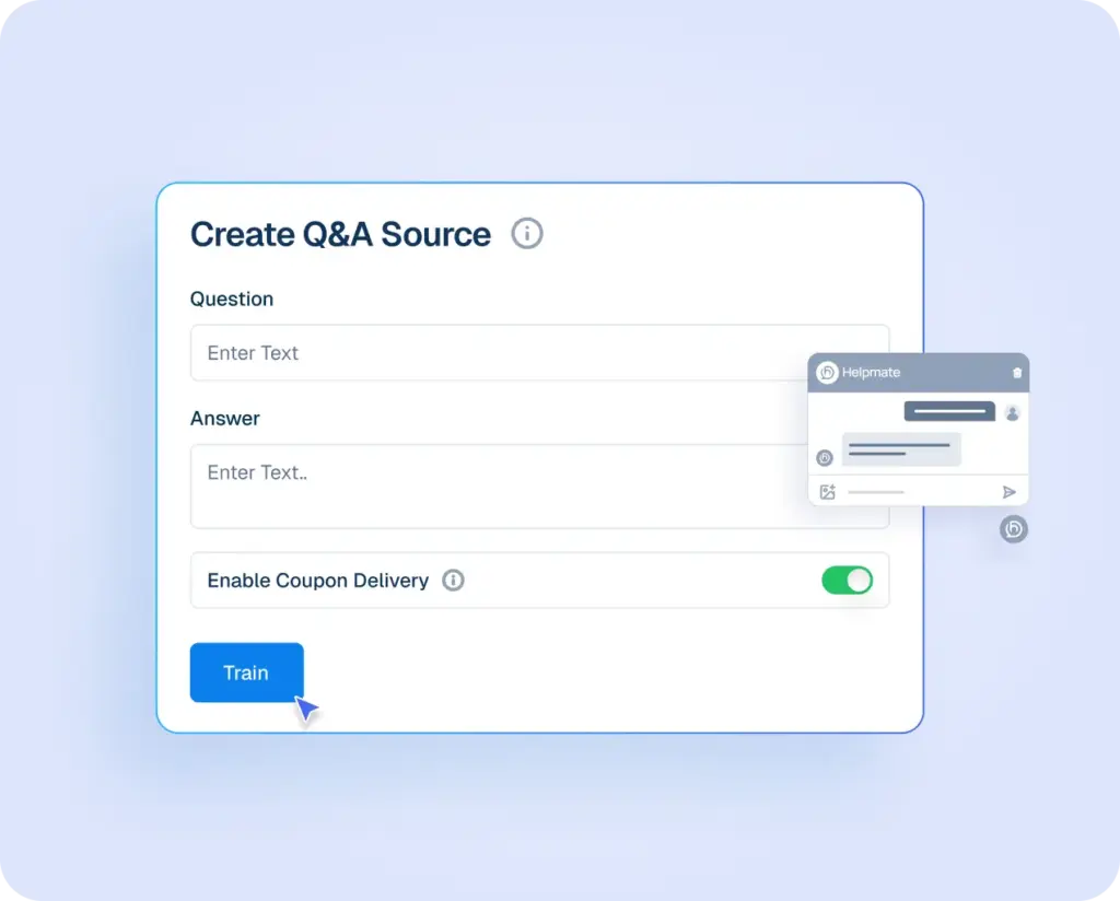 User interface for creating a Q&A source in Helpmate AI with fields for custom questions and answers, including a toggle for coupon delivery and a blue "Train" button.