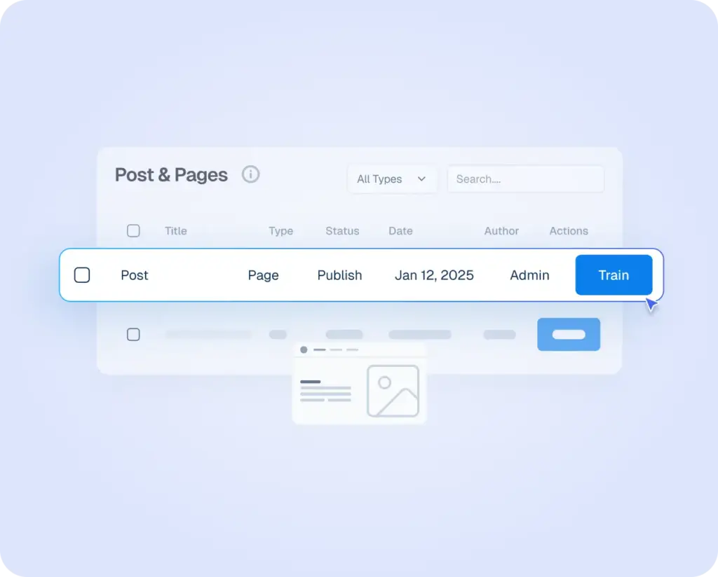 Interface mockup of a WordPress dashboard showing a "Post & Pages" list with a blue "Train" button selected to sync content with Helpmate AI.