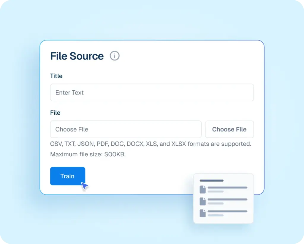 User interface for uploading a File Source to Helpmate AI, featuring title and file selection fields with a blue "Train" button.