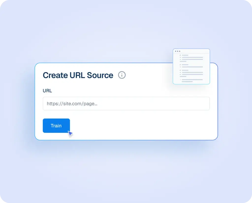 Interface mockup for "Create URL Source" featuring a URL input field and a blue "Train" button to ingest live web content into the AI knowledge base.