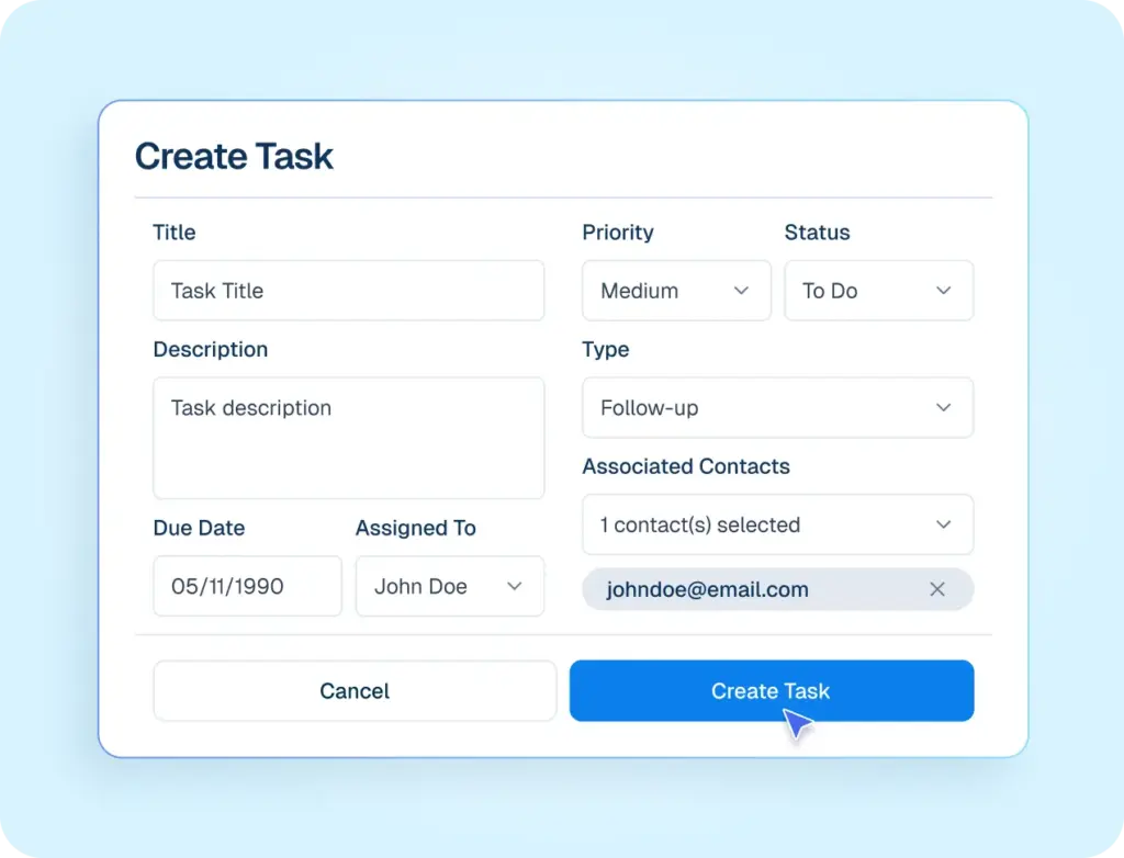 Interface mockup of a CRM dashboard demonstrating a task management feature, showing a user filling out a form to create and assign a new task.