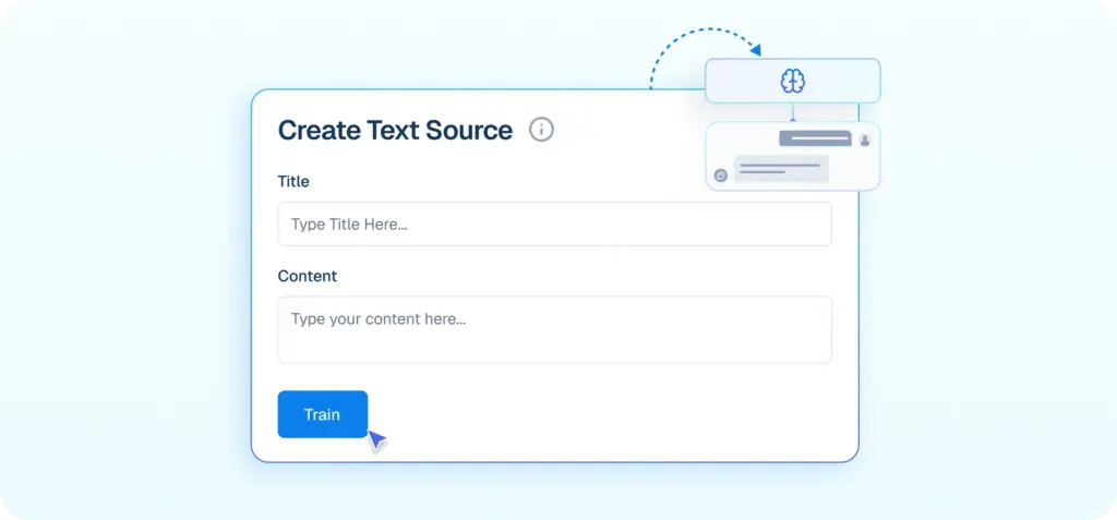 Interface mockup of a "Create Text Source" form showing a cursor clicking a "Train" button to add custom text to the AI knowledge base.
