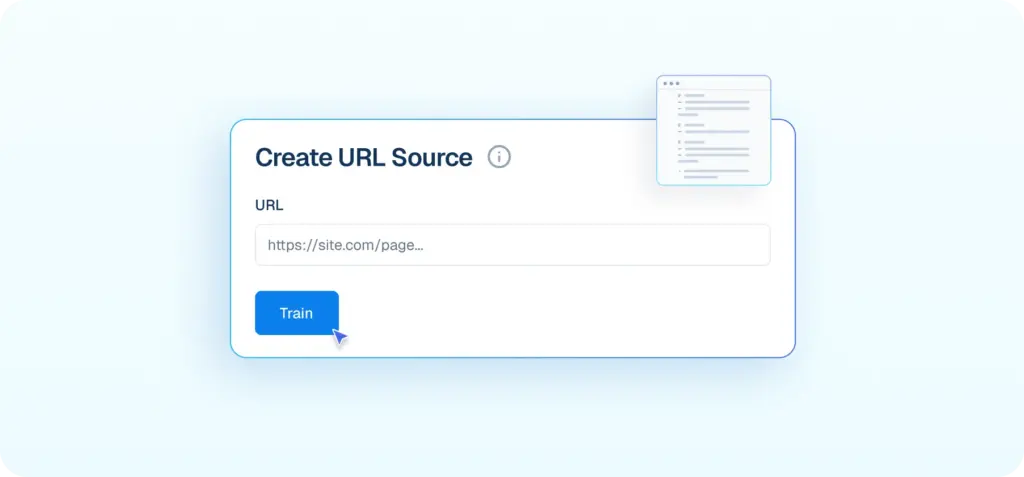 Interface mockup of a "Create URL Source" form showing a cursor clicking a "Train" button to add a live website link to the AI knowledge base.