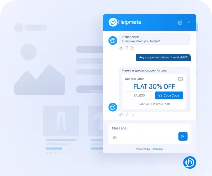 Mockup of a website chatbot interface offering a 30% discount code to a browsing customer.