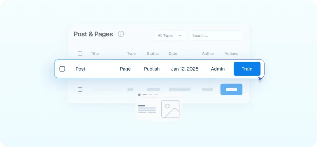 Interface mockup showing a data table for "Post & Pages" where a cursor is clicking a blue "Train" button to use existing blog content for the AI.