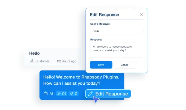 Mockup showing a chat interface where a cursor clicks 'Edit Response' on an AI message, opening a modal window to modify the reply text.