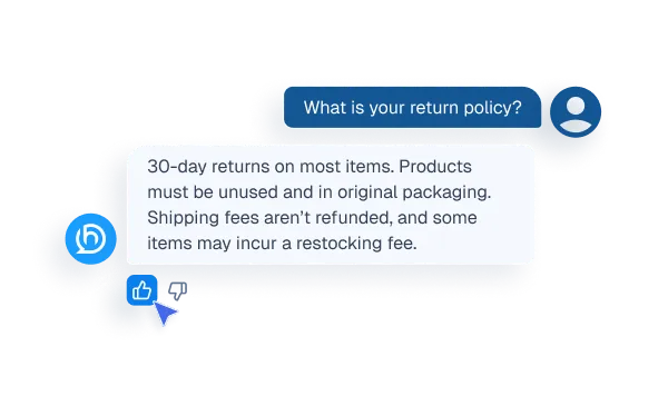Mockup of a chat interface showing a cursor clicking a thumbs-up icon to provide feedback on an AI response about a return policy.