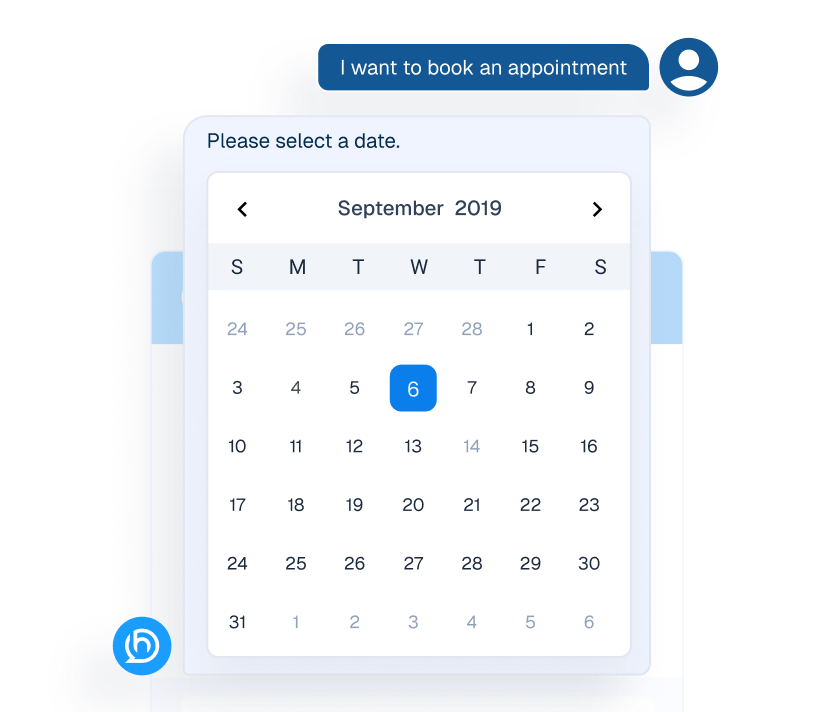 Mockup of an interactive calendar widget within a chat interface used for booking appointments.
