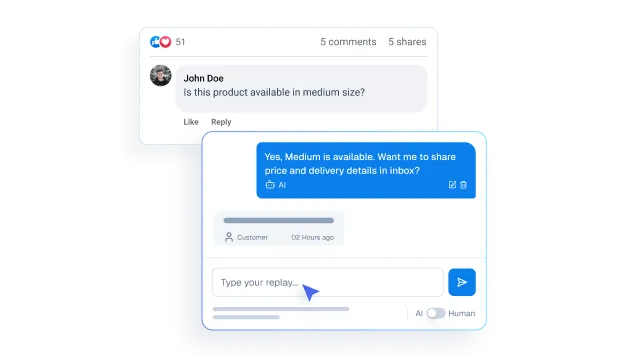 Mockup illustrating a public social media comment from a user transitioning into a private direct message interface.