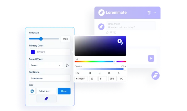 Interface mockup of a chatbot appearance settings panel with an active color picker tool used to customize the bot's primary color, alongside a live preview window.