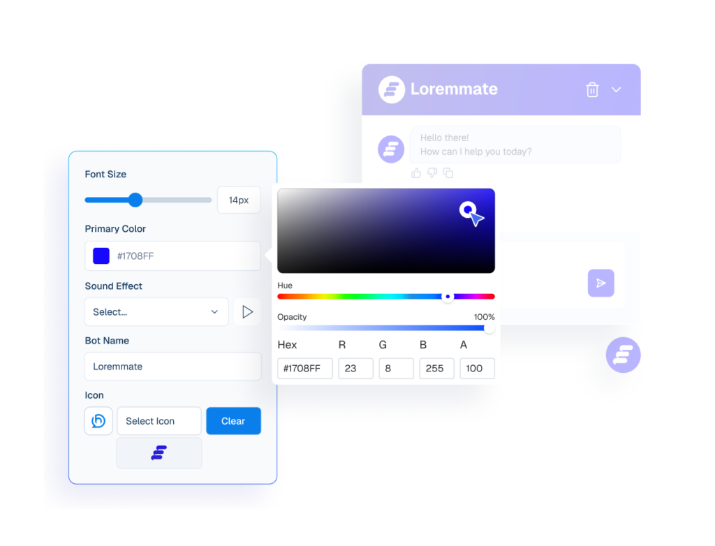 Interface mockup of a chatbot appearance settings panel with an active color picker tool used to customize the bot's primary color, alongside a live preview window.