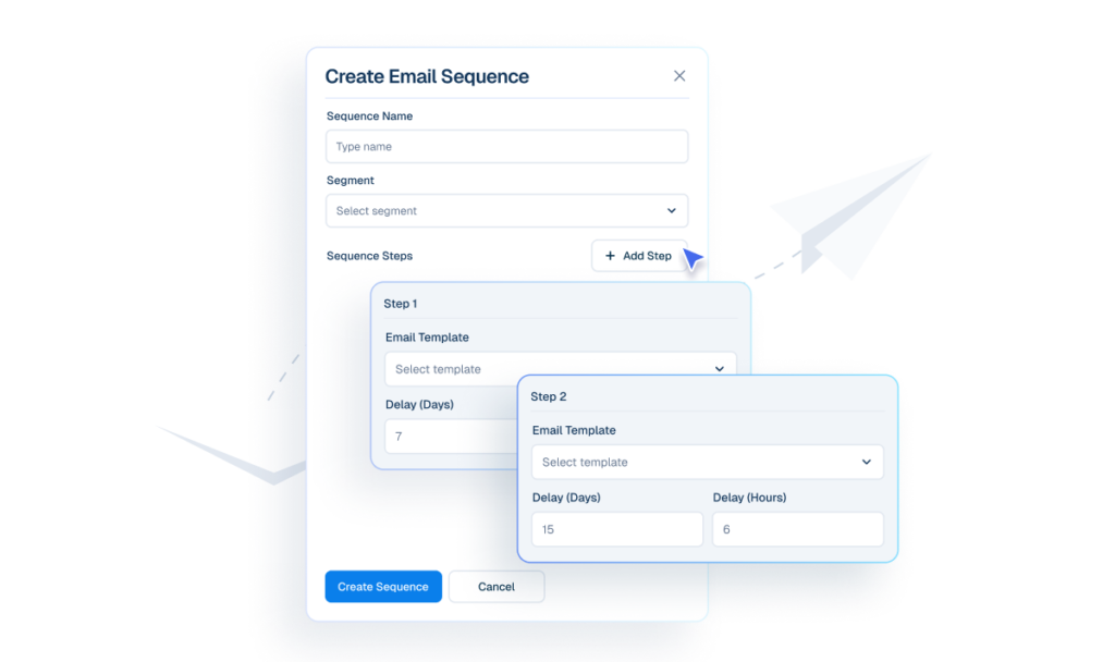 Interface mockup of a "Create Email Sequence" builder showing a cursor clicking an "+ Add Step" button to configure automated follow-up emails with specific day and hour delays.