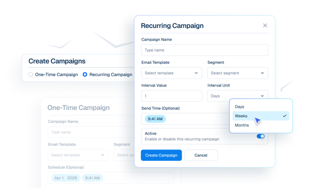 Interface mockup of an email campaign builder showing options to create one-time or recurring campaigns, with a cursor selecting "Weeks" from a dropdown menu for interval units.