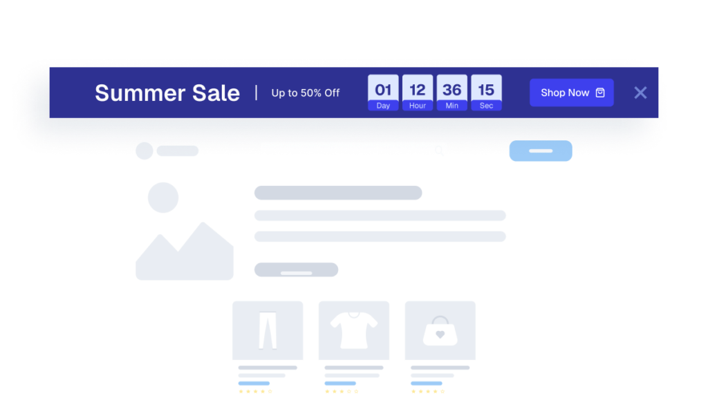 Interface mockup for "Convert Visitors With Timed Promotions" featuring a "Summer Sale" banner with a live countdown timer and a "Shop Now" button.