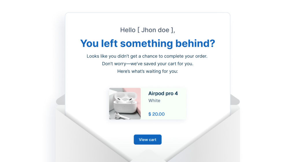 Mockup of an abandoned cart recovery email emerging from an open envelope showing a forgotten product.