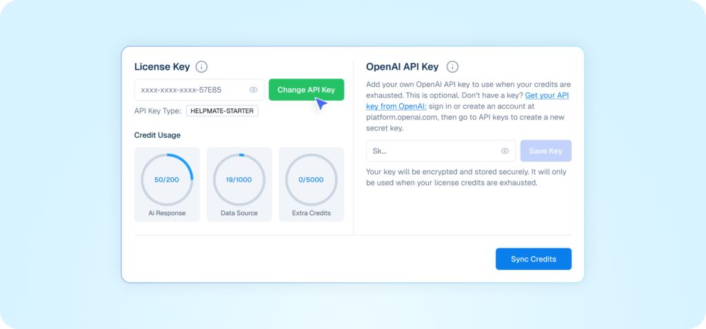 Interface mockup of an admin hub demonstrating API key management, showing a user clicking to change a license key alongside credit usage statistics and an OpenAI API key input field.
