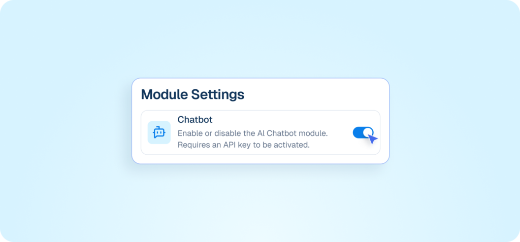 Admin Hub interface showing a toggle switch to enable or disable the AI Chatbot module.